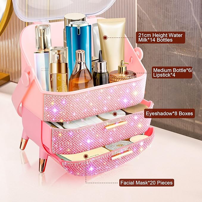 Bling Makeup Organizer for Teen Girl Gift,Hollywood Vanity Makeup Storage Box for Girl Birthday Gift,Practical Gift for Daughter,Bathroom Organizer,Skincare Organizer (Triple Pink)
