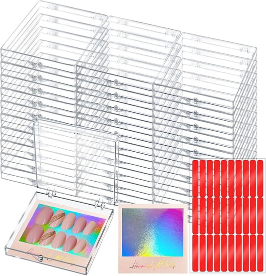30Boxes + 30 Instruction Cards Large (8 x 8cm) Press On Nail Packaging Storage Box and 90pcs Adhesive Tabs - Acrylic Organizer Case for Artificial Nail for Nail Business Supplies