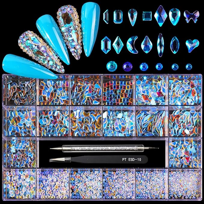 12 Types of Aurora 600 Diamonds + 2500 Flat Rhinestones Mix 20 Styles Flatback DIY Crafts Rhinestone Crystals 3D Decorations Flat Back Stones Set +Tweezers + Drill Pen