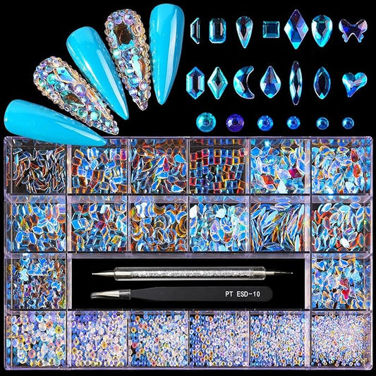 12 Types of Aurora 600 Diamonds + 2500 Flat Rhinestones Mix 20 Styles Flatback DIY Crafts Rhinestone Crystals 3D Decorations Flat Back Stones Set +Tweezers + Drill Pen