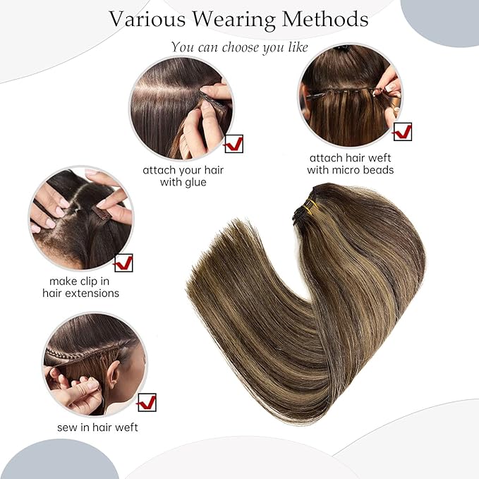 Sew in Hair Extensions Real Human Hair,Dark Brown and Blonde Balayage Weft Hair Extensions Human Hair Bundles, 80G 14Inch Hand Tied Weft Hair Extensions Human Hair Wefts Sew in Extensions for Women