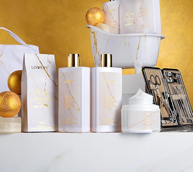 Mothers Day Gifts for Mom, Gift Basket, Spa Gifts For Women, 31Pc Self Care Kit, Stress Relief Gift, Birthday, Thank You, Honey Almond Bath and Body Gift - Toiletry Bag, Nail Kit, Bath Bombs & More