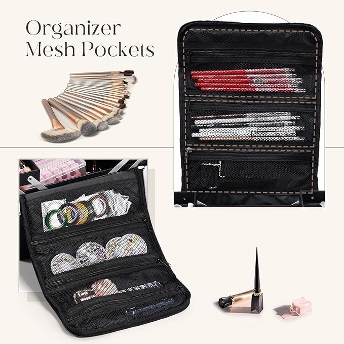 Large Makeup Case,Nail Bag with 4 Tier, Travel Makeup Box Organizer,Nail Kit Storage Tattoo Bag Make Up Case for women/Nail Art/Eyelash Extension/Tattoo/MUA, with luggage sleeve, Black