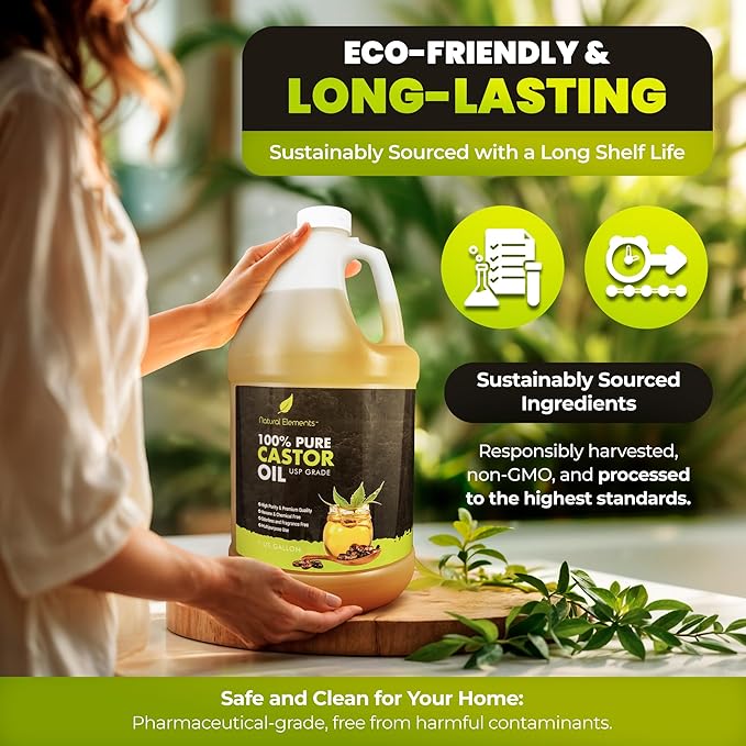 Natural Elements 100% Castor Oil USP Grade | Cold Pressed | Hexane Free | High Purity, Premium Quality