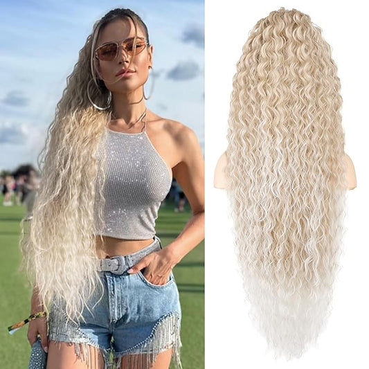 SEIKEA 36" Drawstring Ponytail Extension Long Lightweight Full Natural Curly Fake Pony Tail Multi Layered Soft Clip in Hair Extensions Ponytail Synthetic Hairpiece, Light Ash Blonde Highlights