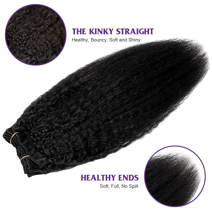 Kinky Straight Clip in Hair Extensions Real Human Hair Yaki Straight Clip ins for Women Brazilian Remy Human Hair Extensions Double Weft 8pcs 100g Per Set with 18 Clips (22 Inch, #1 Jet Black Color)