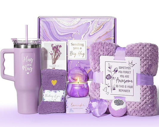 Birthday Gifts for Women Self Care Gifts Get Well Soon Gifts, Lavender Relaxing Spa Gifts Basket Care Package w/ Flannel Blanket 40 OZ Tumbler, Mothers Day Gifts for Mom Her Wife Friends Sister Wife