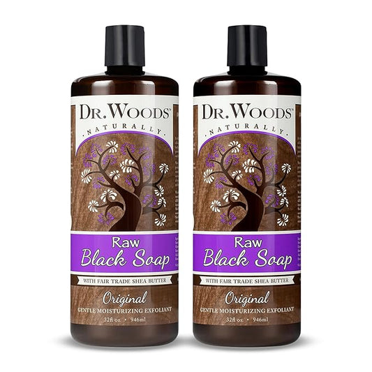 Dr. Woods Raw African Liquid Black Soap - Body Wash for Men and Women, Contains Organic Shea Butter, Gentle Exfoliant, Natural Cleanser for Face, Hands, and Body - 32 Fl Oz, Pack of 2