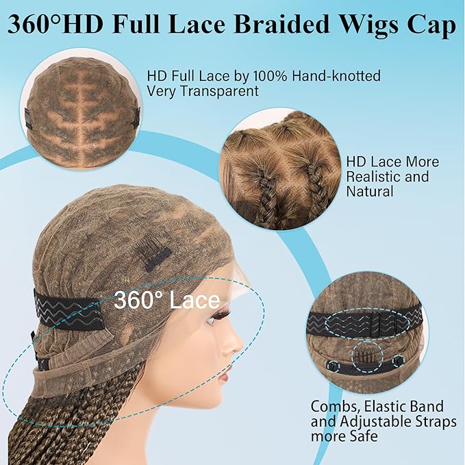 360° HD Full Lace Knotless Braided Wigs for Women Box Braid Wig with Curly End Braided Lace Front Wigs Hair Human Hair Blended Braid Wig with Baby Hair Light Brown 36Inch