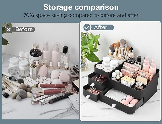 ONXE Makeup Organizer With Drawers,Large Countertop Storage for Cosmetics Elegant Vanity Holder for Brushes, Eyeshadow, Lotions, Lipstick, Nail Polish and Jewelry (black)