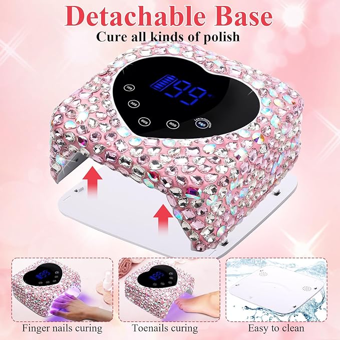 Cordless UV Led Nail Lamp, Diamond UV Nail Lamp for Gel Nails, Rechargeable Nail Dryer, Heart with 5 Timer and LCD Monitor, Professional for Valentines Day Gifts and Home Salon