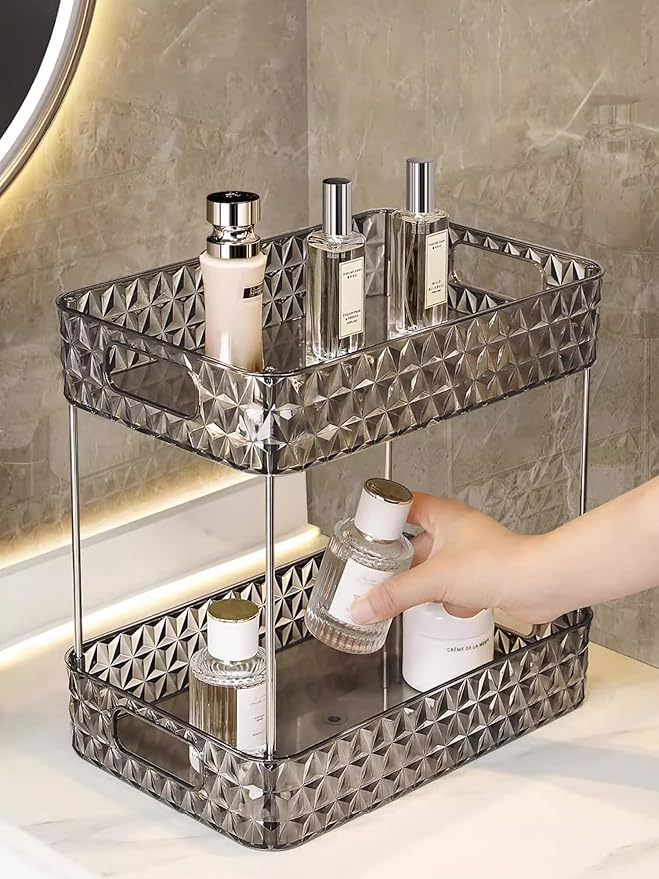 Makeup Organizer for Vanity, High-Capacity Clear Makeup Storage Perfume Organizers,Cosmetic Display Cases,Bathroom Countertop Organizer (Crystal Black, 2Tier)