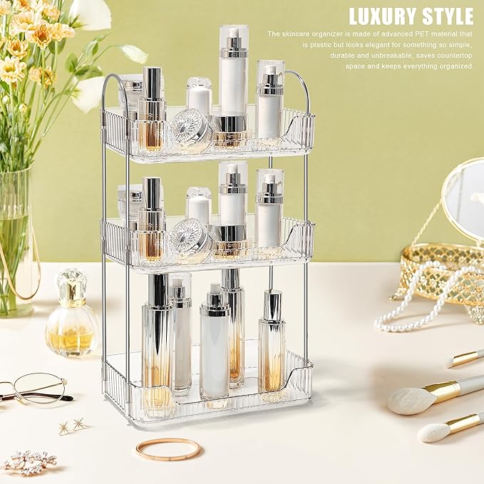 Bathroom Counter Organizer Countertop Storage Skincare Countertop Makeup Organizer Cosmetics Skincare Organizers Holder for Perfume-Clear White-Silver Pole-3 Tier