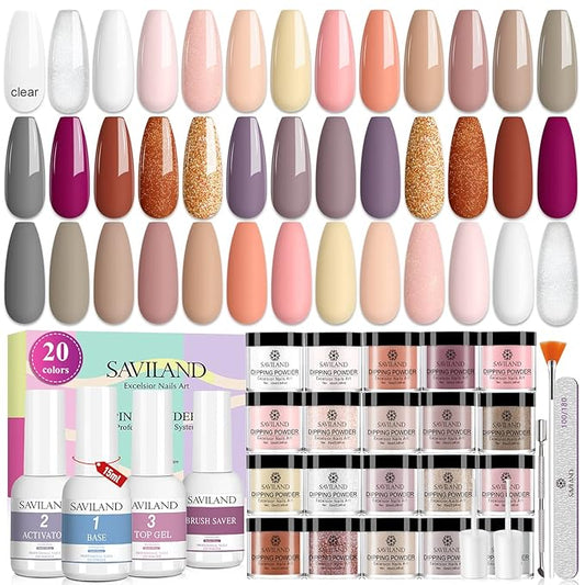 Saviland 29 Pcs Dip Powder Nail Starter Kit, 20 Fall Colors Nude Pink Brown Golden Powder Nail Dipping Liquid Set Recycling Tray with Base Top Coat Activator for French Nail Art Manicure DIY Salon