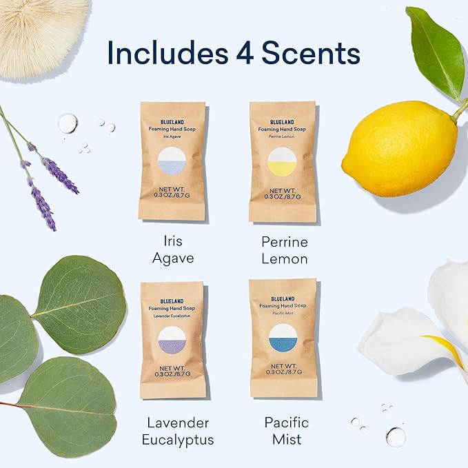 BLUELAND Hand Soap Starter Set Slate, 1 Refillable Glass Foaming Hand Soap Dispenser with 4 Refill Tablets, Iris Agave Scent, 4 x 9 Fl oz