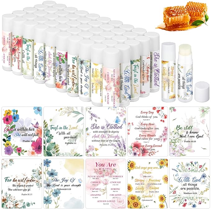 50 Pack Lip Balm Religious for Women Lip Balm with Scripture Bulk Sticks Christian Gifts Faith Bible Verse Scripture Inspirational Gift Party Favors Coworkers 10 Styles Floral