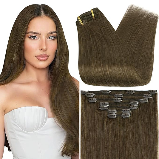 Full Shine Human Hair Clip in Extensions 14 Inch Brown Clip in Hair Extensions Real Human Hair Medium Brown Straight Hair Extensions for Women 7 Pcs 120 G