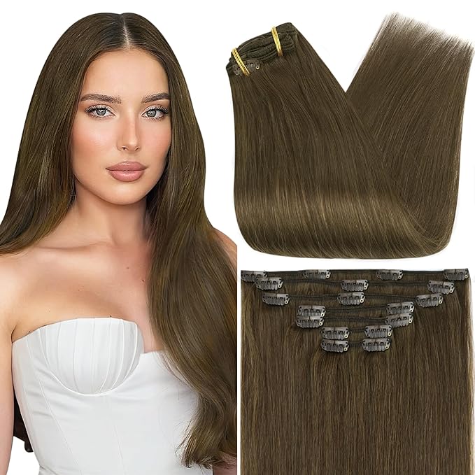 Full Shine 24 Inch Hair Extensions Clip ins Chestnut Brown Real Hair Extensions Clip in Human Hair Triple Weft Invisible Clip in Extensions Straight Remy Hair 7 Pcs 120 G