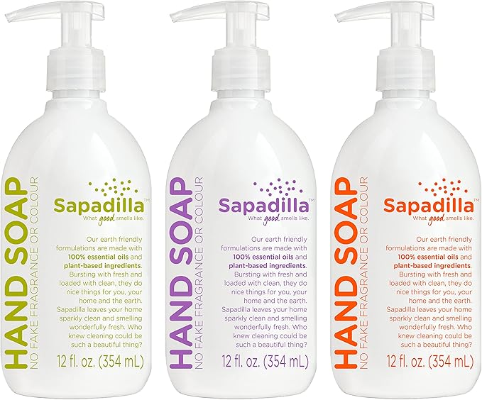 Sapadilla Liquid Hand Soap - Three Scent Variety - Made with 100% Pure Essential Oil Blends, Cleansing & Moisturizing, Aromatic & Fragrant Hand Soap, Plant Based, Biodegradable, 12 Ounce, (Pack of 3)