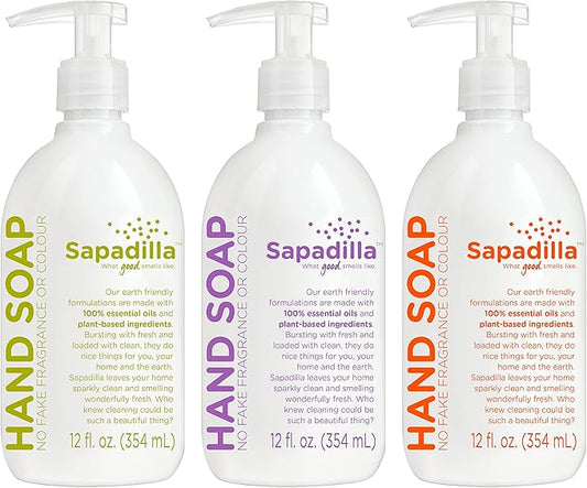 Sapadilla Liquid Hand Soap - Three Scent Variety - Made with 100% Pure Essential Oil Blends, Cleansing & Moisturizing, Aromatic & Fragrant Hand Soap, Plant Based, Biodegradable, 12 Ounce, (Pack of 3)