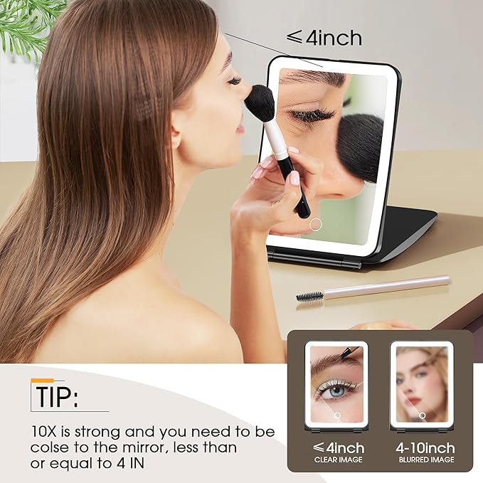 Travel Makeup Mirror with Lights and Magnification, 10X/1X Magnifying Vanity Mirror with 3 Colors & Brightness Adjustable, 2000 mAh Rechargeable Lighted Compact Mirror, Women Gift (Black)