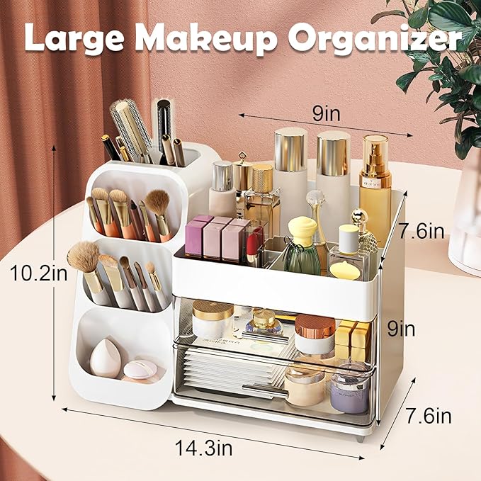 Makeup Organizer Countertop, Vanity Organizer with Brush Holder, Cosmetic Display Case with Drawers, Skincare Organizer for Dresser, Bathroom, Makeup Storage Holder for Women Christmas gifts
