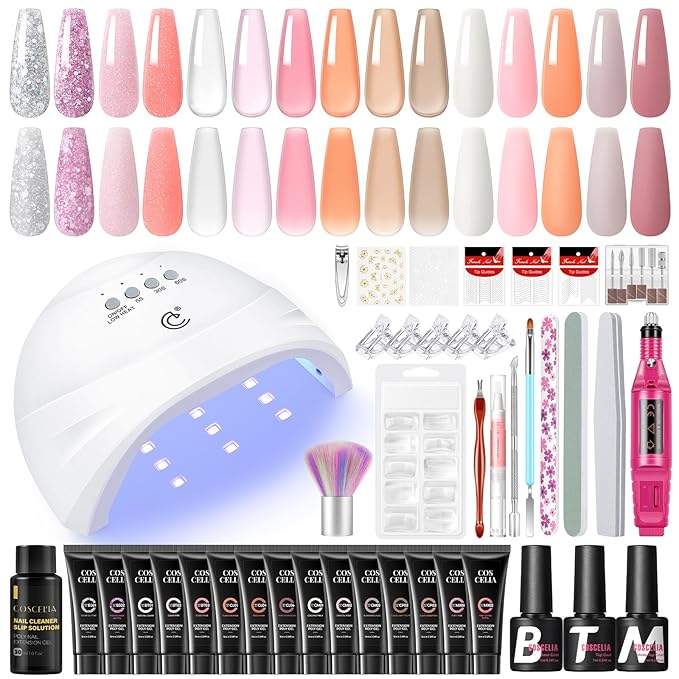 COSCELIA 41pcs Poly Nail Gel Kit Starter Kit with U V Light and Drill, 15 Colors 16ML Nail Extension Gel for Beginners with Everything Professional Nail Lamp Gifts for Women