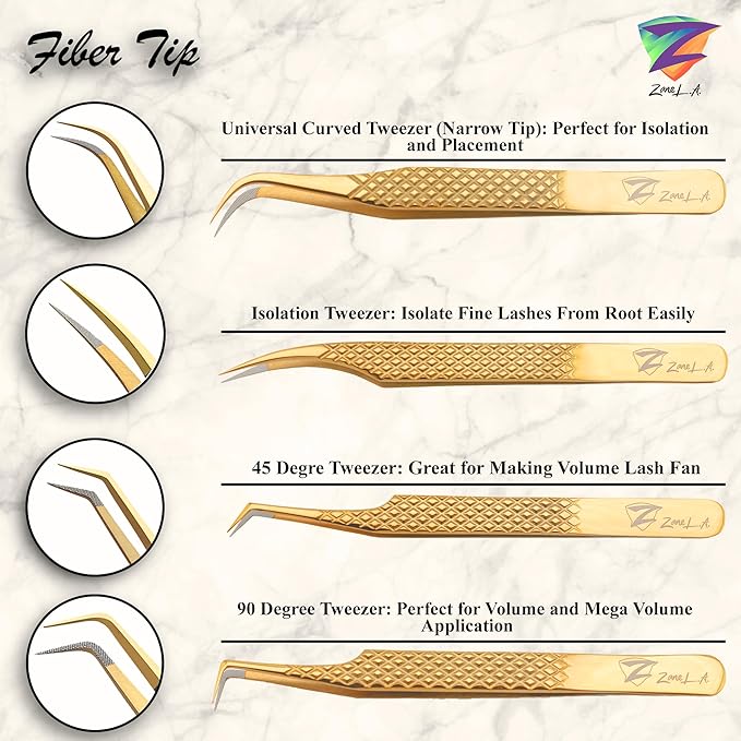 Nano Fiber Tip Professional Eyelash Extension Tweezers, a pack of 4, Quality tweezers made with Japanese Stainless Steel, includes Stylish Half Moon Mirror. (Gold)