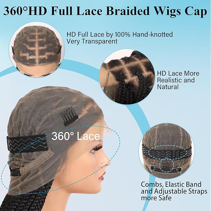 360° HD Full Lace Knotless Braided Wigs for Women Box Braid Wig with Curly End Human Hair Blended Braided Lace Front Wigs with Baby Hair 36 Inch Black