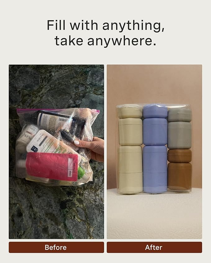 Cadence Travel Containers - Body Care Capsule Set - Magnetic Travel Capsules - For Wash, Lotions, Sunscreens - 3 Flex Mediums (1.32oz) with Body Wash, Lotion, & Sun Icon Labels - Charcoal