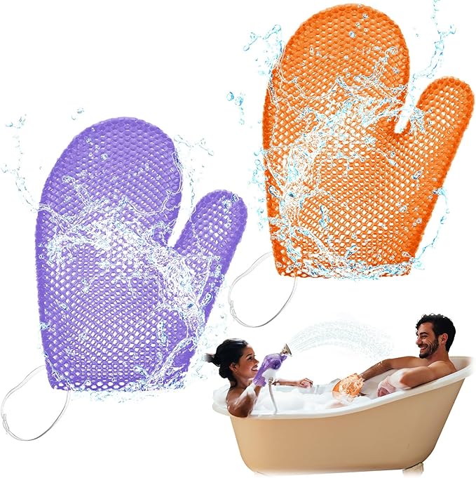Karenhi 2 Pcs Honeycomb Exfoliating Glove Bath Mitt Body Spa Scrubber, Honeycomb Exfoliator Glove for Body Shower, Scrubber Sponge Shower Loofah, Quick Drying(Purple,Orange)