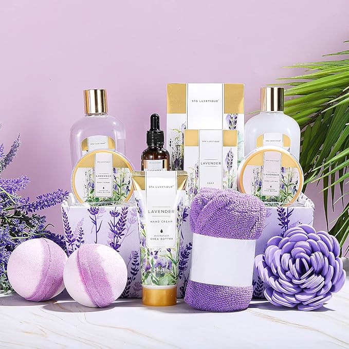 Spa Gift Basket, Spa Luxetique Lavender Spa Kit for Women - 12 Pcs Lavender Scented Spa Gift Set, Home Spa Set with Essential Oil, Bubble Bath, Bath Salts, Body Scrub, Mothers Day Gifts for Mom