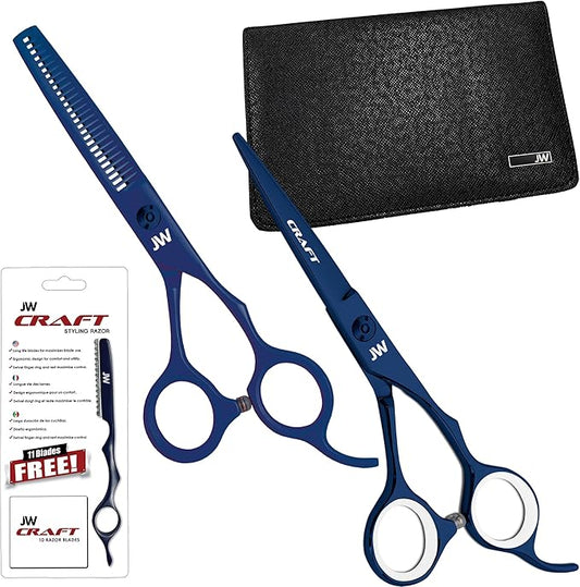 JW Shears Professional Hairdressing Shear, Thinner, Razor and Case Set (6.0" Blue)