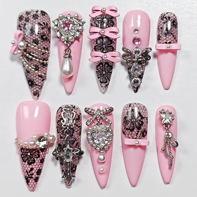Handmade Press On Nails Stiletto, Pink Press On Nails Long, Rhinestone Lace 3D Nails With Bow For Women Gift, Reusable Stick On Fake Nails Kit With Nail Glue (Lace Charm, S)