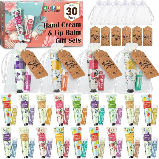 AZEN 30 Sets Hand Cream Bulk and Lip Balm Bulk Set, Bridal Shower Gifts for Guests with Organza Bag Thank You Card, Bridal Wedding Favors for Guests, Thank You Gifts for Coworkers Women Men