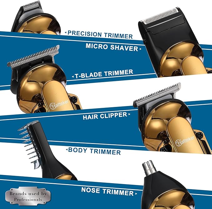 Hatteker Men's Beard Trimmer Kit Electric Razor Shaver Professional Hair Clipper with Zero Gapped T-Blade Nose Ear Beard Body Trimmer for Men Waterproof Cordless Grooming Kit 6 in 1