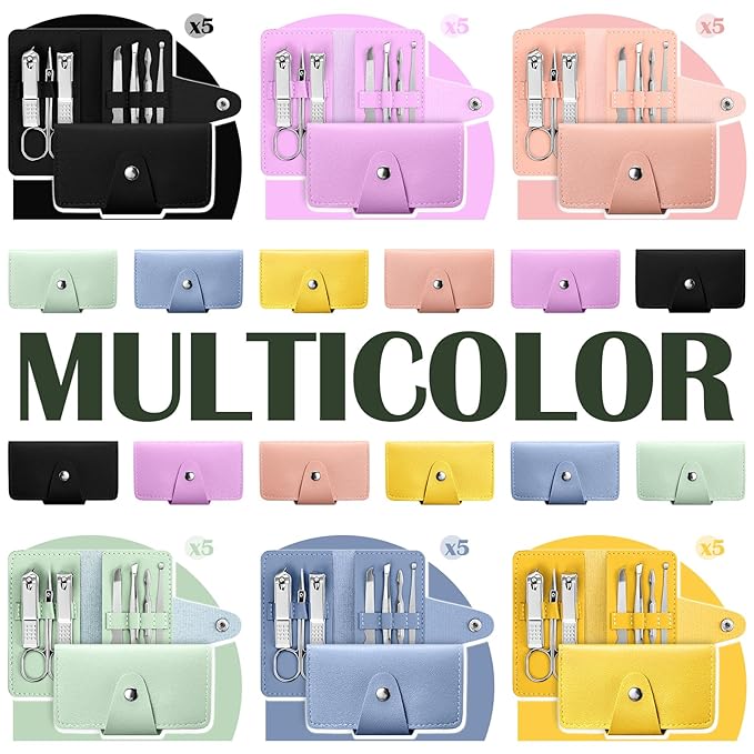 30 Set Manicure Kit Bulk Nail Clippers Kit 7 in 1 Mini Nail Clippers Stainless Steel Professional Nail Care Pedicure Kit with Travel Bag Grooming Kit for Valentine Women Men Home(Soft Color,Simple)