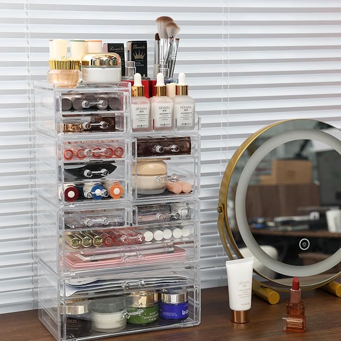 Cq acrylic 4 Pack Clear Makeup Organizer for Counter,13 Drawers Stackable Skincare Organizer,Large Cosmetic Storage Organizer for Jewelry,Hair Accessory,Beauty,Skin Care,Vanity Organizers and Storage