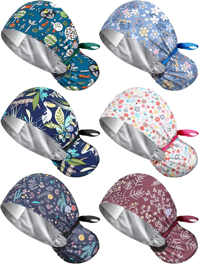 6 Pcs Satin Lined Scrub Caps Women Nurse Surgical Hat with Buttons Ponytail Working Adjustable Pouch Tie Back