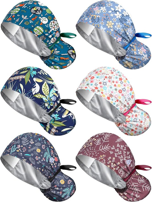 6 Pcs Satin Lined Scrub Caps Women Nurse Surgical Hat with Buttons Ponytail Working Adjustable Pouch Tie Back
