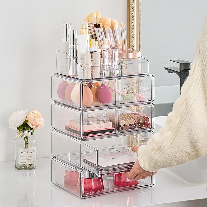 Vtopmart 5 Tier Clear Makeup Organizer with Drawer, Cosmetic Storage for Dresser Countertop and Bathroom Vanity, Beauty Holder for Lipstick Brush Skincare