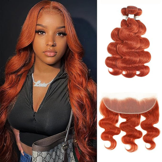 REMY HAIR Body Wave Bundles with 13x4 Lace Front Closure #350 Ginger Orange Human Hair Bundles Natural Wave Brazilian Human Hair Bundles 12 14 16 Inch with Closure 12
