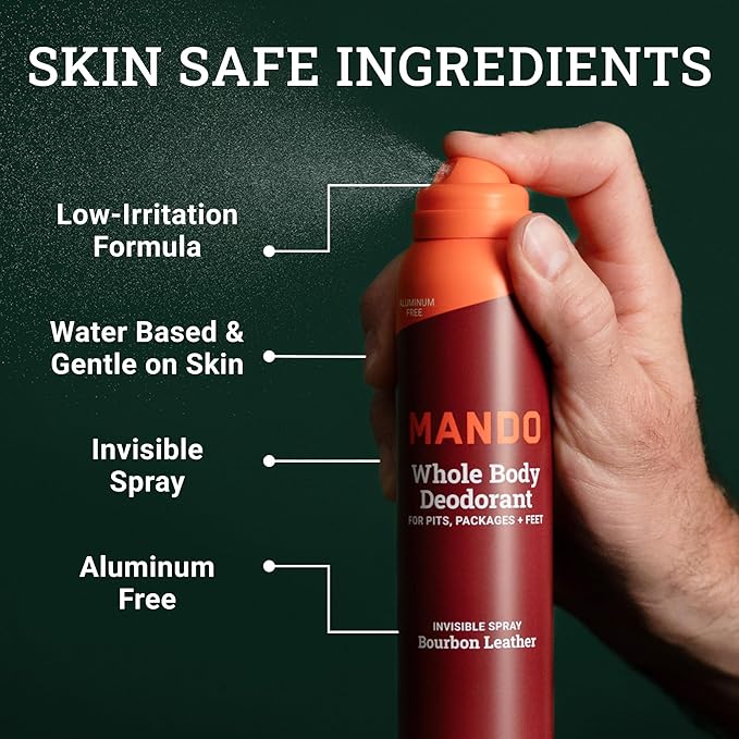 Mando Whole Body Deodorant For Men - Invisible Spray Deodorant - 72 Hour Odor Control - Low Irritation Formula - Aluminum Free, Benzene Free - 3.6 ounce Cans (Pack of 2) - Bourbon Leather