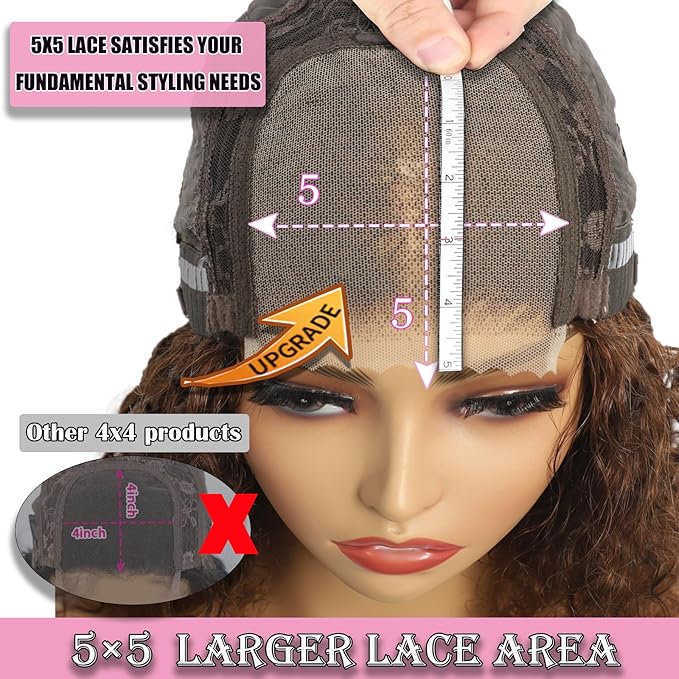 5×5 Closure Bob Wig Human Hair Glueless Wigs Human Hair Pre Plucked Pre Cut Short Curly Wig Water Wave Middle Part 4# Chocolate Brown for Women Wigs for Black Women 14Inch