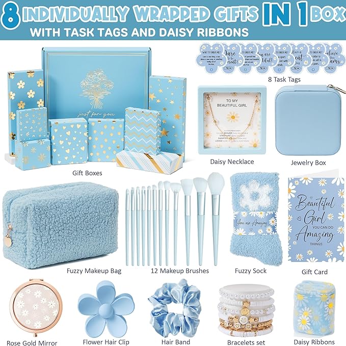 Birthday Gifts for Teen Girls - 8 PCS Graduation Gifts Basket for Tween Teen Girls, Teen Girl Gifts Trendy Stuff Fun Girl Empower Gift Box w/Task Tag, Make up Brushes Makeup Bag for Niece Daughter Her