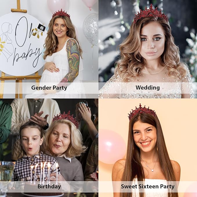 LIMELIA Women's Tiara for Henna Wedding Party|Glitter Hair Accessories for Bridal Birthday Pageant Prom Halloween Cos-play Christmas Party|Dence-Burgundy