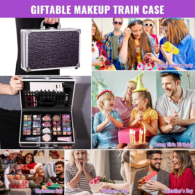 Makeup Kit for Teen Girls & Women Full Kit, Beauty Train Case with Starter Cosmetic Set, Make Up Valentine's Gift Box with Eyeshadow,Lipgloss,Highlighter,Blush,Lip&Eye Pencils,Brush & More(Purple)