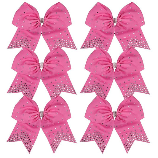 8 Inch Cheerleader Bows Ponytail Holder with Bling Fling Rhinestones Hair Tie Cheerleading Bows 6 Pcs (Hot Pink)