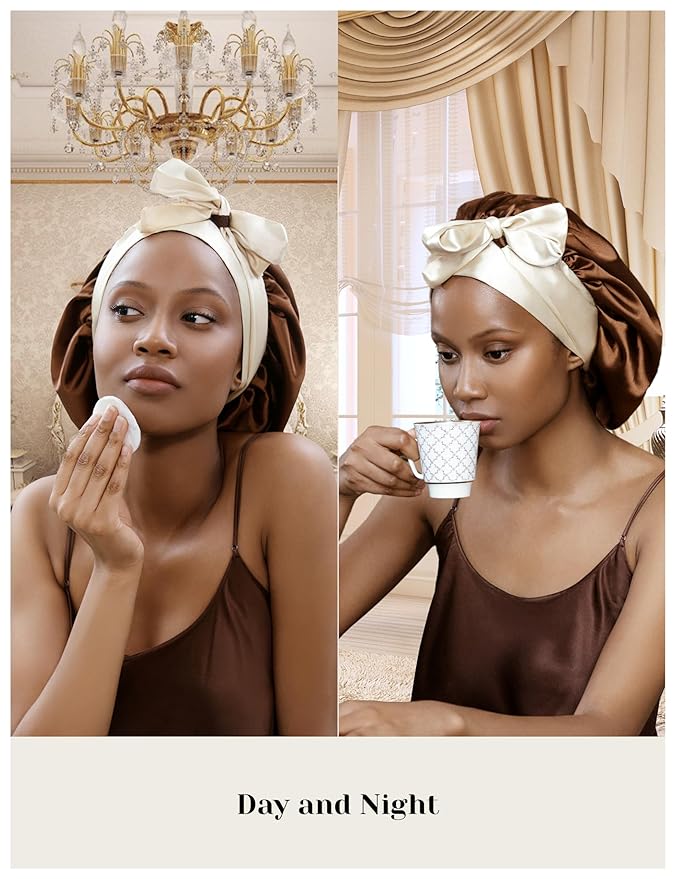 100% Mulberry Silk Bonnet for Sleeping Women with Curly Hair – Alternative to Double Layer Satin Bonnet with Tie Band Premium Silk Hair Wrap for Sleep with Wonder Loop Chocolate