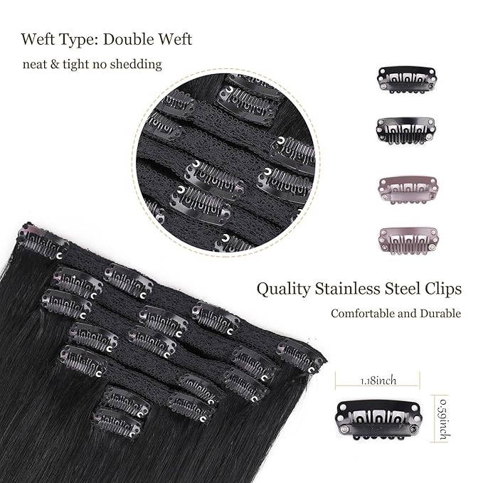 Clip In Human Hair Extensions,Double Weft 70g 7pcs Silky Straight Human Hair Clip In Extensions #1 Jet Black 12inch Remy Hair